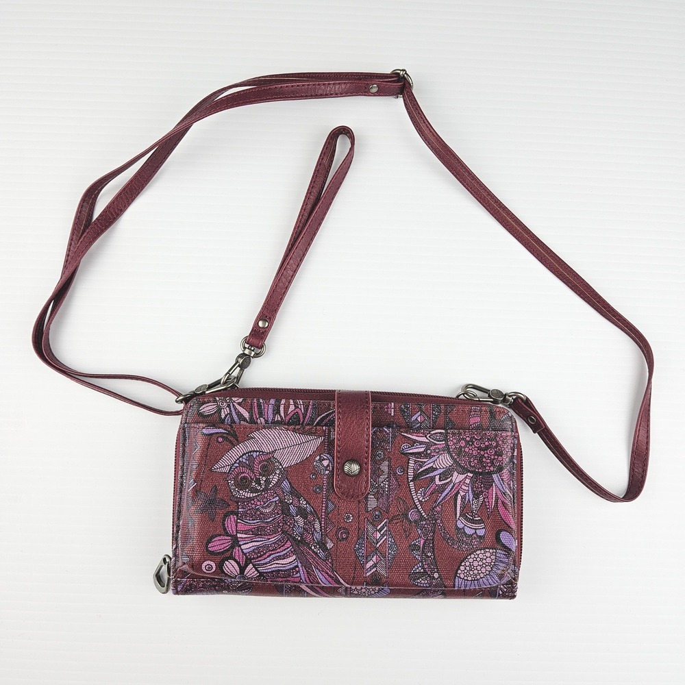 Sakroots Womens Artist Circle Owl Print Crossbody Wallet Burgundy Boho Festival